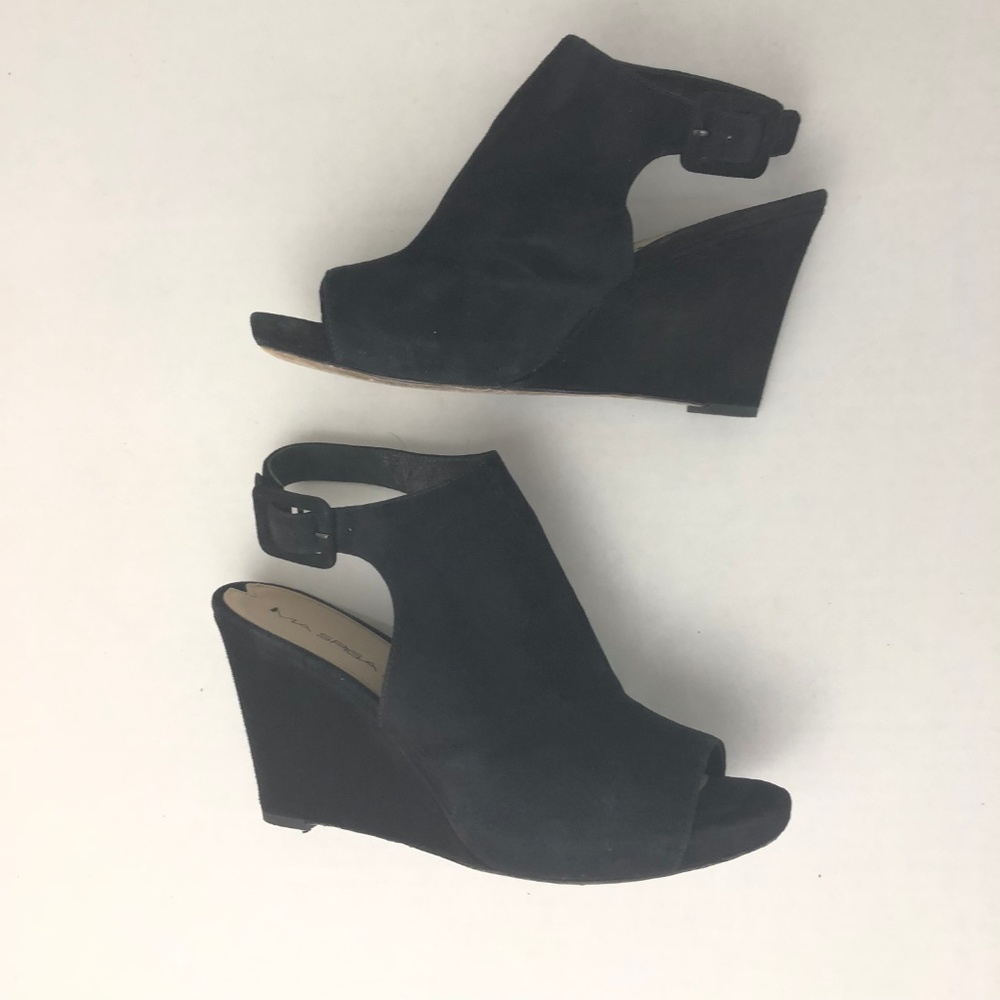 Via Spiga Jaffa Wedge Black Suede Heels Shoes - Picture 3 of 7